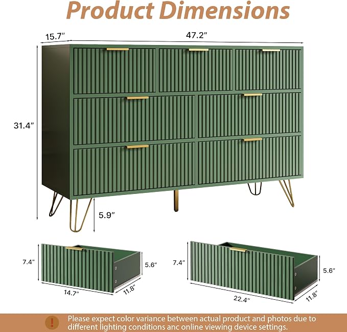 MAISONARIA Green Dresser for Bedroom, 7 Drawer Dresser with Gold Pulls, Wide Chest of Drawers for Bedroom, Entryway, 47.2" L x 15.7" D x 31.4" H