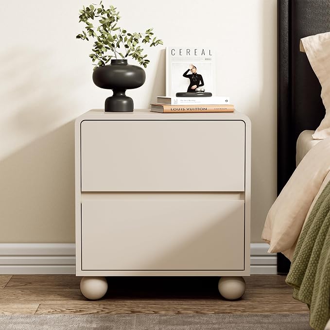 Furniway Beige Nightstand Set of 2, Modern 2 Drawer Bedside Table with Curved Profile Design and Handle-Free Drawers, Modern End Table with Storage for Bedroom