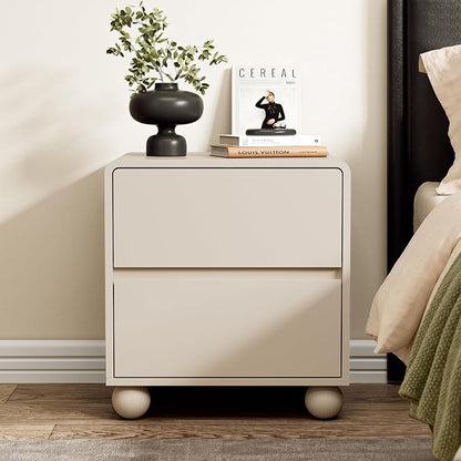 Furniway Beige Nightstand Set of 2, Modern 2 Drawer Bedside Table with Curved Profile Design and Handle-Free Drawers, Modern End Table with Storage for Bedroom