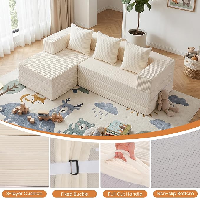 65" Boneless Couch,Convertible Sleeper Sofa Bed, Modular Sectional Sofa, Modern Tri-Folding Cloud Couch with L-Shape Chaise, Corduroy Futon Couches for Small Spaces Apartment,No Assembly
