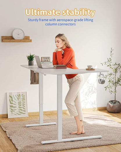 YIHAYO Reversiable L-Shaped Electric Standing Desk, 55 Inches Adjustable Height Corner Desk, Sit and Stand Up for Work Office Home, Computer Table with Splice Board, White