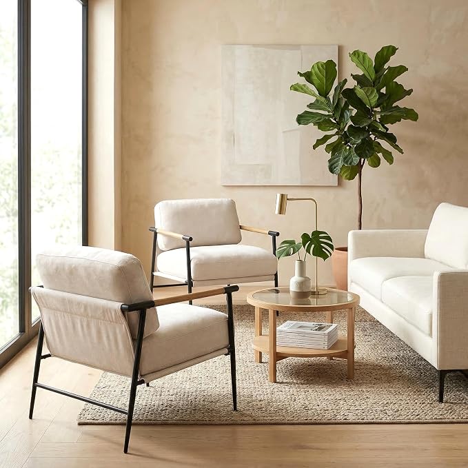 DUOMAY Beige Modern Accent Chair Chenille Upholstered Lounge Bedroom Chair with Metal Legs Comfy Lightweight Living Room Chair Armchair for Home Reading