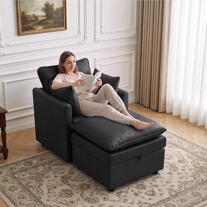 30" Black Faux Leather Storage Sofa Chair, Single Accent Chair with Ottoman | Modern Upholstered Deep Seat Sofa Chair, Comfort for Reading, Lounging, and Small spaces, Armchair for Living Room, Bedroom
