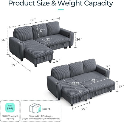 LINSY Home 81" Modular Sectional Couch with Pull Out Bed, L Shaped 3 Seats Sofa with Storage Chaise, Corduroy Convertible Sofa Bed, USB, Cup Holders, Side Pocket, Sleeper Sofa for Living Room, Grey