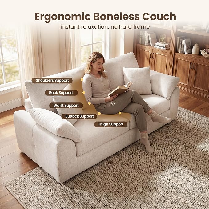 90" Boneless Loveseat Sofa, Polyester Fabric 2-Seater Couch with 4 Pillows, No Assembly Required, Soft High Density Foam Cushion, Rectangular Track Arm Sofa for Living Room Bedroom Apartment (Beige)