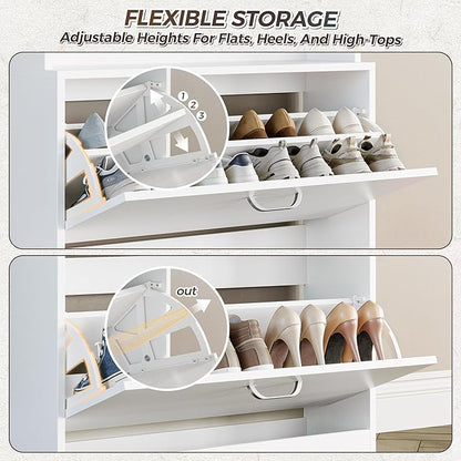IRONCK Tall Shoe Cabinet with 2 Flip Drawers, Narrow Hidden Shoe Storage Cabinet with Shelves, Slim Freestanding Shoe Organizer for Entryway, Hallway, White