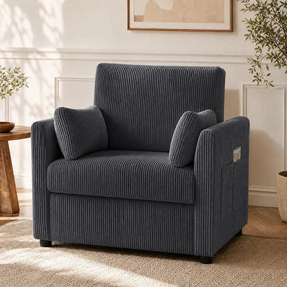 38" Modern Accent Chair, Corduroy Chair with Soft Pillows and Side Pockets, Comfy Single Reading Chairs for Living Room, Bedroom Grey