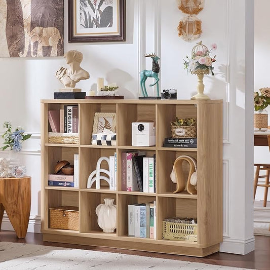 Joaxswe 12 Cube Storage Organizer, 41" Large Bookshelf with Curved Edge, Wood Floor Standing 3-Tier Cubby Bookcase with Base, Rustic Display Storage Cabinet for Living Room, Home Office, Natural Oak