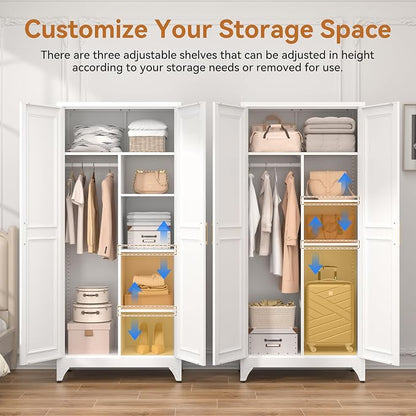 Polup Metal Armoire Wardrobe Closet, 71" Tall White Wardrobe Cabinet with 2 Doors, Hanging Rod and Adjustable Shelves, Steel Clothing Storage Cabinet for Bedroom, Home, Employee, Gym, Office