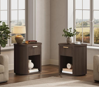 Fluted Nightstands Set of 2 with Charging Station, 23.6" Large Bedside Side Table, Wood End Table with Storage, Curved Round Corner, Furniture Bedroom Sofa, Mid Century Modern, Vintage Boho, Walnut
