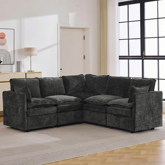 80" Dark Grey Modular Storage Sofa, V Shaped Chenille Cloud Couch | Oversized Convertible Sectional Sofa, 5-Seat Sectional Couch With Armrests, Large Cloud Couch For Living Room, Apartment.