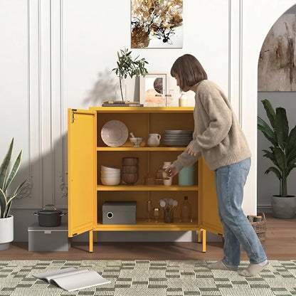 Lockable Metal Storage Cabinet Double Door Metal Cabinet Home Decor Cabinet with Adjustable Shelves Coffee Bar Cabinet Suitable for Living Room and Dining room Yellow : 13.8"D x 31.5"W x 36"H