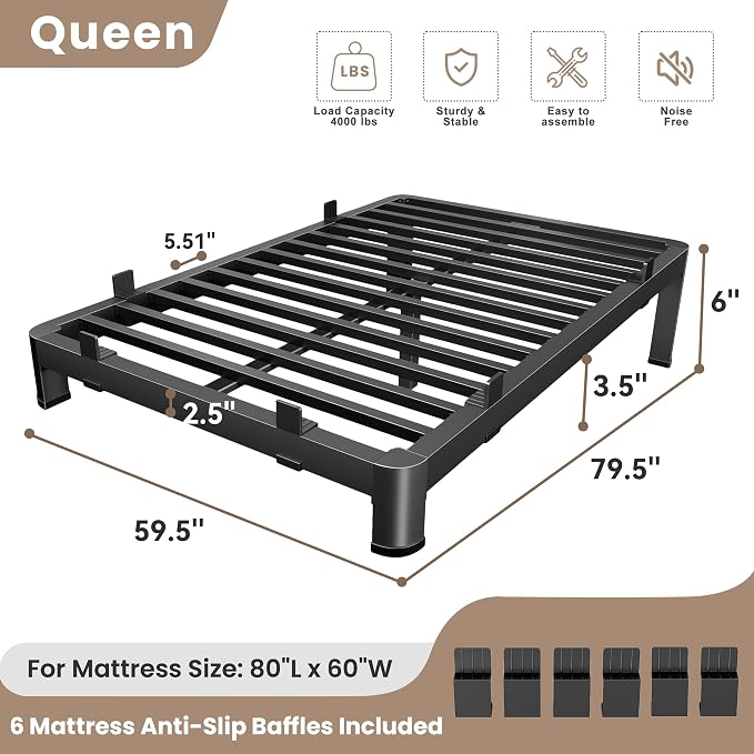 MAF 6 Inch Queen Metal Platform Bed Frame with Anti-Collision Round Legs, Black 3500 Lbs Heavy Duty Bed Frame Steel Slats Support, No Box Spring Needed, Easy Assembly