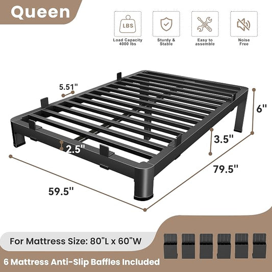 MAF 6 Inch Queen Metal Platform Bed Frame with Anti-Collision Round Legs, Black 3500 Lbs Heavy Duty Bed Frame Steel Slats Support, No Box Spring Needed, Easy Assembly