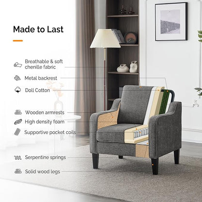 VINGLI Mid Century Modern Accent Chair - Soft Chenille Upholstered Comfy Armchair for Living Room, Bedroom, Home Office, Apartment, Studio (Light Grey)