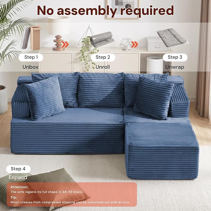 Korser Boneless Couches for Living Room, Cloud Couch Sectional with Ottoman, L-Shaped Sofa with Fluffy Comfy Corduroy Deep Seat, Bedroom, Apartment, No Assembly Required