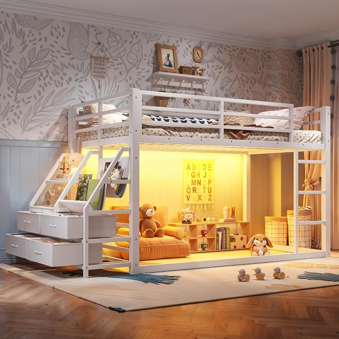 Bellemave Twin Over Twin Bunk Bed with Storage Shelves & 4 Drawers,Heavy Duty Metal Bunk Bed for Teens with LED Lights, Low Bunk Beds for Kids with Guardrails & Ladder, No Box Spring Needed, White