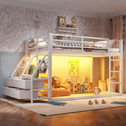 Bellemave Twin Over Twin Bunk Bed with Storage Shelves & 4 Drawers,Heavy Duty Metal Bunk Bed for Teens with LED Lights, Low Bunk Beds for Kids with Guardrails & Ladder, No Box Spring Needed, White