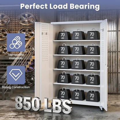 Metal Garage Storage Cabinet with Locking Doors and Adjustable Shelves, Wide & Deep Storage Cabinet on Wheels, 71" Rolling Tool Cabinet for Garage, Basement, Home Office