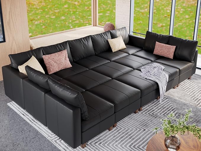 EASE MOOSE Faux Leather Modualr Sectional Couch with Storage,Black Faux Leather Modualr Sofa Couch