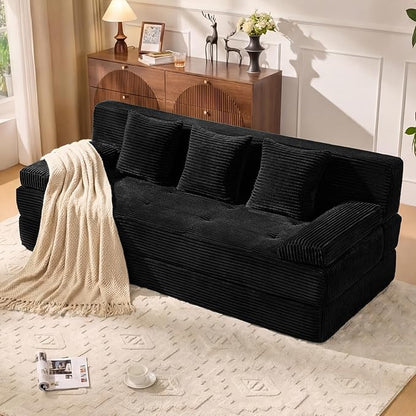 78.7IN Folding Sofa Bed - Convertible Sleeper Sofa Couch with Zippered Pillows, 3 Seater Couches Bed for Living Room, Bedroom, Apartment, No Assembly Required, Freestanding, Corduroy, Black