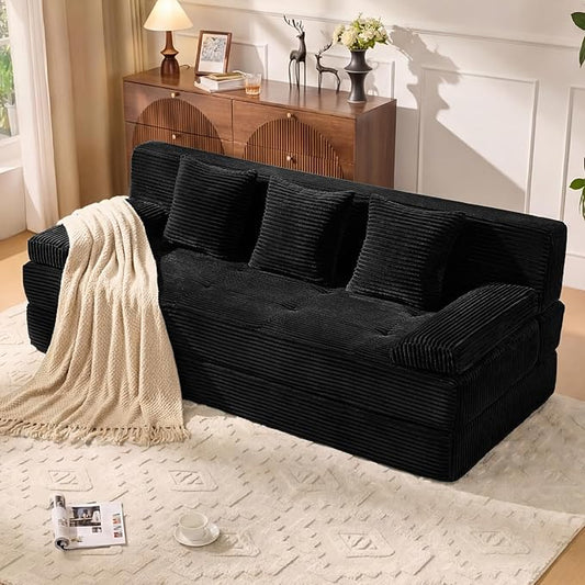 78.7IN Folding Sofa Bed - Convertible Sleeper Sofa Couch with Zippered Pillows, 3 Seater Couches Bed for Living Room, Bedroom, Apartment, No Assembly Required, Freestanding, Corduroy, Black