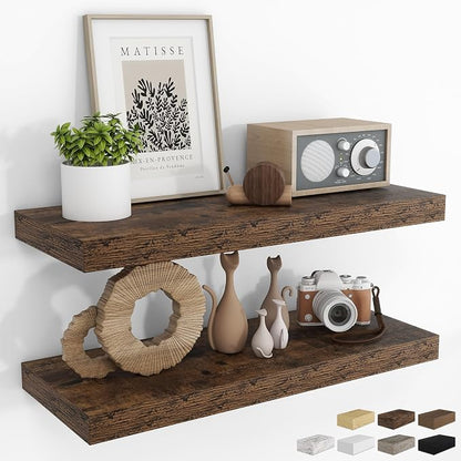 RICHFOCUS 31.5Inch Floating Shelves for Wall 2 Pack Shelves for Bedroom|Kitchen|Bathroom Wall Mounted Rustic Wood Floating Shelf with Invisible Brackets for Books|Storage|Decor, Rustic Brown