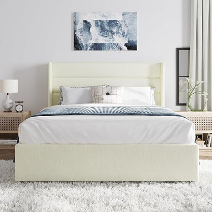 SHA CERLIN Full Size Lift Up Storage Bed/Chenille Fabric Upholstered/Modern Wingback Headboard/Platform Bed Frame/Hydraulic Storage/No Box Spring Needed/Wood Slats Support/Cream