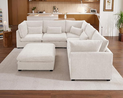 115" Oversized Chenille Couch Modular Sectional Sofa, Washable Cloud Couch Sectional with Ottoman, 6 Seater Sectional Couches for Living Room, Fully Cover Removable, V Shaped & Corner, Chenille, White