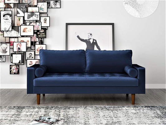 Container Furniture Direct Womble Mid Century Modern Velvet Upholstered Tufted Seat with Bolster Pillows, Sofa, Denim Blue