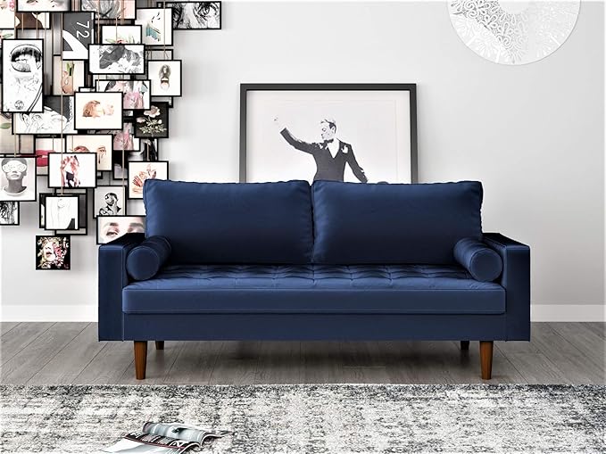 Container Furniture Direct Womble Mid Century Modern Soft Velvet Upholstered Tufted Seat with Bolster Pillows, Loveseat, Sofa, Misty Blue