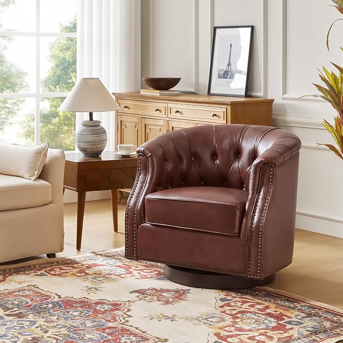 HULALA HOME Genuine Leather Swivel Accent Chair, Swivel Rocker Barrel Chair, Traditional Chesterfield Armchair with Button-Tufted Design, No Assembly Required, Brown