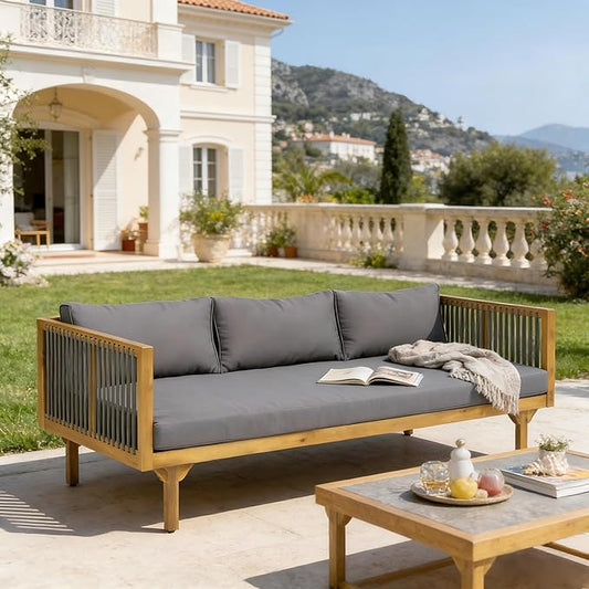 Merax Acacia Wood Outdoor Patio Loveseat Sofa w/Coushion and & Light Brown Rope, 3-Seater Sofa Daybed for Backyard, Lawn, Deck, Balcony, Water Repellent Fabric, 600 lbs Capacity,Teak + Gray