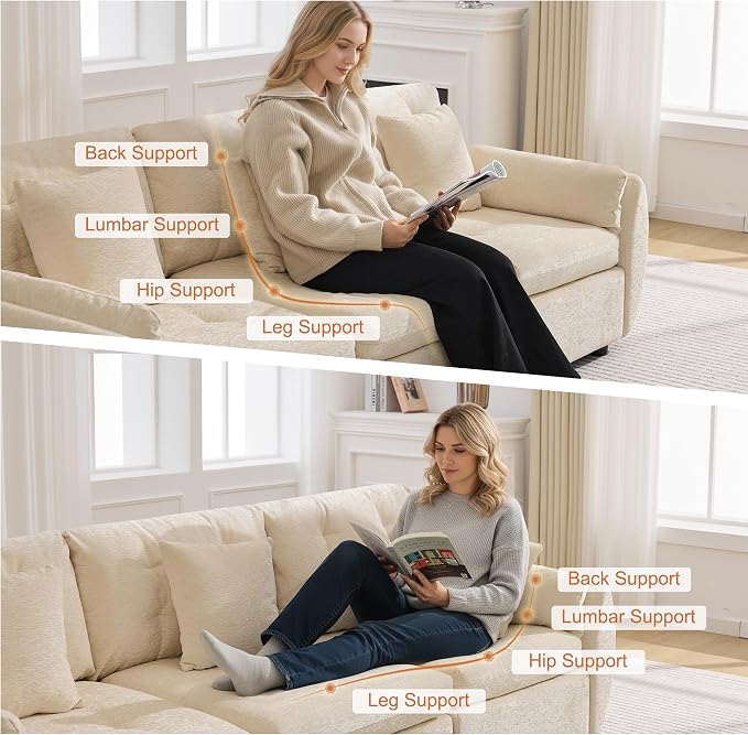 84" Modular Cloud Sofa, Deep Seat Tufted Chenille 3-Seater Sectional Couch with Curved Arms, Comfy Sofas for Living Room, Beige