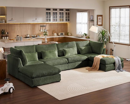 154" Oversized Corduroy Couch Modular Sectional Sofa, Washable Cloud Couch Sectional with 2 Ottoman, 6 Seater Sectional Couches for Living Room, Fully Cover Removable, U Shaped, Corduroy, Green
