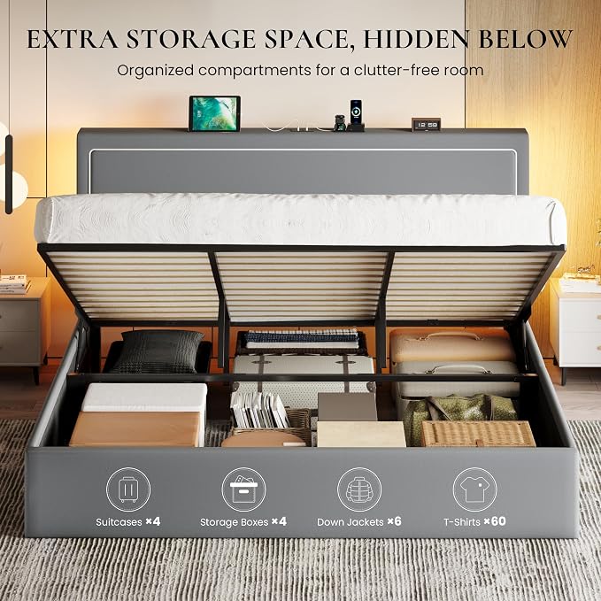SHA CERLIN King Size Hydraulic Lift-Up Storage Platform Bed Frame with Charging Station, RGB LED Lights, Adjustable Velvet Headboard, USB-A and USB-C Ports, No Box Spring Needed, Grey