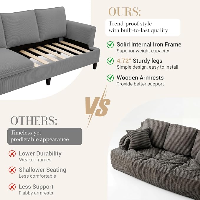 GRUSIGN 3 Seater Corduroy Couch, 89" Comfy Couch with Deep Seat, Modern Sofa Couch for Living Room, Office, Bedroom, Apartment (Pillows not Included)