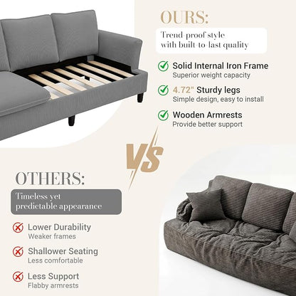 GRUSIGN 3 Seater Corduroy Couch, 89" Comfy Couch with Deep Seat, Modern Sofa Couch for Living Room, Office, Bedroom, Apartment (Pillows not Included)