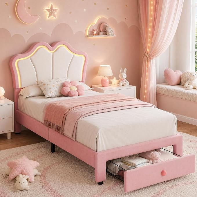Garvee Twin Bed Frame with Storage, Upholstered LED Bed Frame with Headboard, Cute Velvet Platform Bed Frame for Kids, Girls, Solids Wood Slats Support, No Box Spring Needed, Easy Assembly, Pink+White