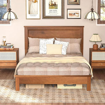 Giantex Wood Full Platform Bed Frame with Headboard, Mid Century Bed Frame with Solid Wood Legs & Wooden Slat Support, Pallet Bed Mattress Foundation, No Box Spring Needed