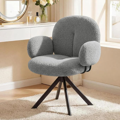 Cute Desk Chair No Wheels, 360° Swivel Accent Chairs with Arms, Modern Upholstered Dining Room Chairs with Tufted Cushion, Accent Chairs for Home Office/Bedroom/Kitchen, Teddy Sherpa, Grey