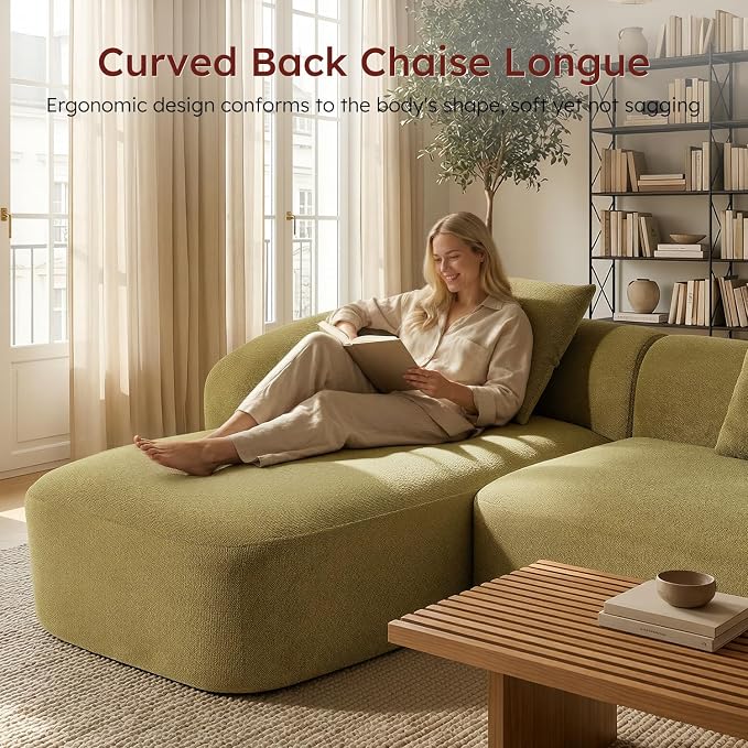 Relefree 136" Curved Modular Sectional Sofa, Boneless Couch with Movable Coffee Table, High-Resilience Foam, Couches for Living Room, Oversized, Chenille, Cloud Comfort, Thick Backrest Green