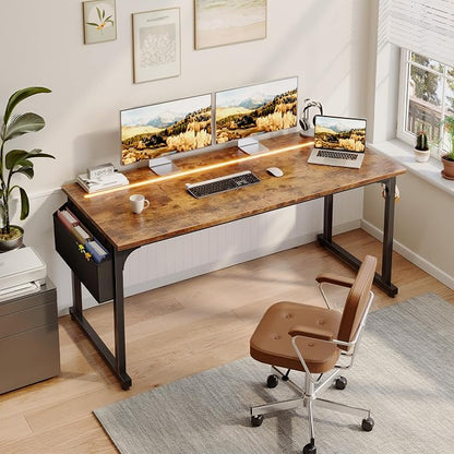 DurayLoly 55" Office Desks with LED Lights,Gaming Writing Work from Home Study Desk with Storage Bag,Home Office Desk with Headphone Hook Sturdy Metal Frame, Rustic Brown