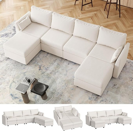 Huatean Home 114.17" Modular Sectional Sofa, 6 Seat Modular Couch with Storage, Memory Foam, Convertible Sectional Couches for Living Room, U Shaped Comfy Modular Sofa with Chaise, White