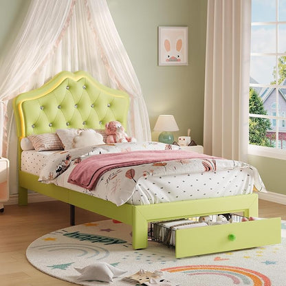 Twin Size Bed Frame for Girls with Storage Drawers & LED Lights, Upholstered Platform Bed, Velvet Crystal Button Princess Bed, Noise-Free Slats, No Box Spring Needed for Kids, Teens, Avocado Green