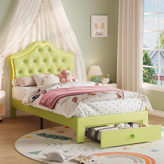 Twin Size Bed Frame for Girls with Storage Drawers & LED Lights, Upholstered Platform Bed, Velvet Crystal Button Princess Bed, Noise-Free Slats, No Box Spring Needed for Kids, Teens, Avocado Green