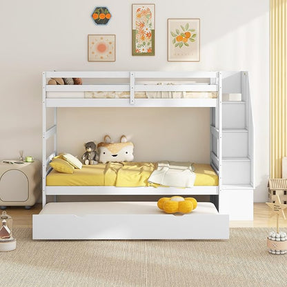 Giantex Bunk Bed Twin Over Twin with Trundle & Storage Stairs, Solid Wood Bunk Bed, Convertible to 2 Beds, Versatile Bunk Beds for Kids Teens Adults,White