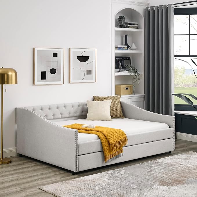 KEIKI Full Size Upholstery Daybed with Trundle and Headboard, Mid-Century Style Tufted Sofa Bed with Button on Back, Easy Assembly, No Box Spring Required, for Living Room and Bedroom, Beige