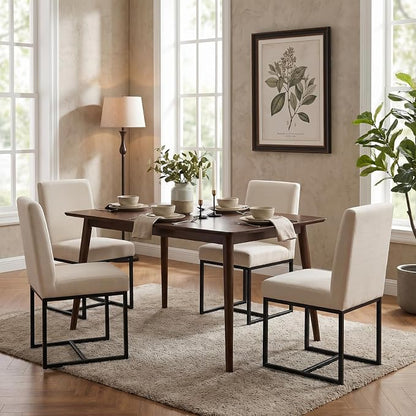 CIMOTA Modern Linen Dining Chair Set of 4, Mid Century Dining Room Chairs Fabric Upholstered Armless Side Chair with Black Sled Base for Dining Room, White Cream 4PCS