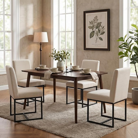 CIMOTA Modern Linen Dining Chair Set of 4, Mid Century Dining Room Chairs Fabric Upholstered Armless Side Chair with Black Sled Base for Dining Room, White Cream 4PCS